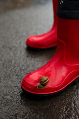 Snail sitting on red rubber boots-walk in the rain