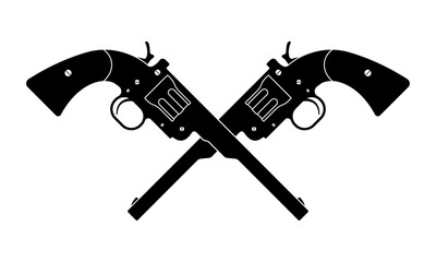 Crossed revolver guns icon. Vintage pistol silhouette. Western handgun. Vector illustration. - obrazy, fototapety, plakaty