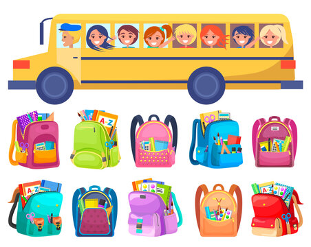 Happy children ride on schoolbus. Boys and girls going to or from school. Under bus on picture are schoolbags with stationery like copybooks vector illustration. Back to school concept. Flat cartoon