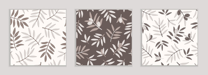 Seamless repeating patterns. Set of pastel patterns with olive tree branches. Gray, white, brown colors. Pattern with Greek food. Contemporary illustration.
