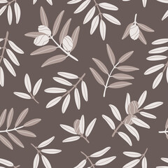 Seamless repeating pattern. Gray branches of an olive tree on a brown background. Autumn and summer pattern. Pastel colors. Pattern with Greek food. Contemporary illustration.