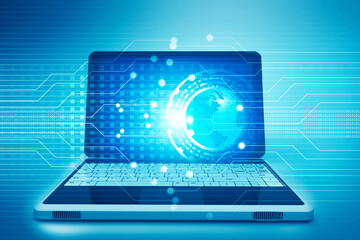Laptop computer in abstract hitech background. 3d illustration