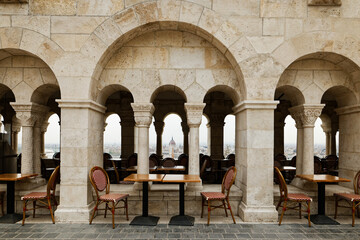 Budapest, Hungary - 17 April 2018: cafe with columns in the royal palace.