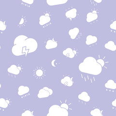 Obraz premium Weather - Vector background (seamless pattern) of silhouettes snow, storm, rain, cloud, sunny, wind and moon for graphic design