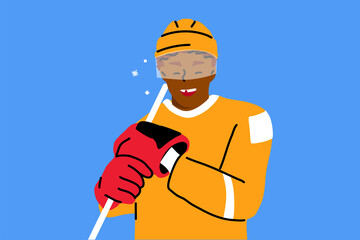 Sport, game, athletics concept. Young happy african american man guy hockey player with one broken front tooth laughing standing with stick and uniform looking at camera. Active lifestyle illustration