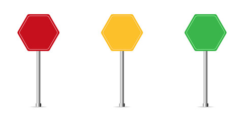 Road signs. Highway warning symbols in different colors.