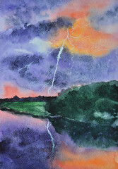 Watercolor nature. Storm clouds over lake.