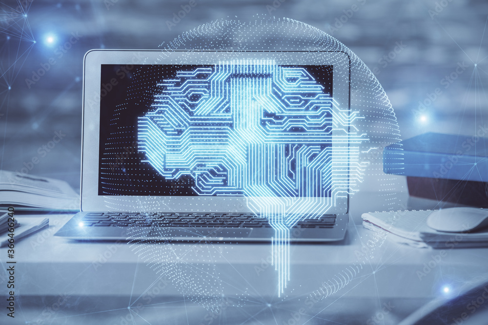 Aufkleber Multi exposure of work table with computer and brain hologram. Brainstorm concept.