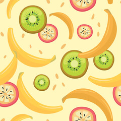 Juicy and fresh exotic fruits seamless pattern. Banana, kiwi, passion-fruit. Abstract colored vector illustration on yellow background. Summer print.