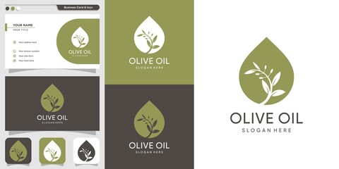 Olive oil logo and business card design template, brand, oil, beauty, green, icon, health, premium vector