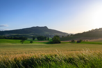 Abendstimmung in der Vulkanlandschaft Hegau mit dem Hohenstoffeln, Baden-Württemberg, Deutschland