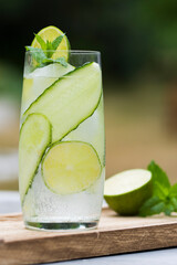 Refreshing drink - water with cucumber slices, ice cubes and fresh mint leaves.