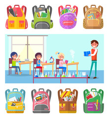 Naklejka premium Children learns chemistry at school lesson vector illustration. Set of backpacks Pupils trying to do experiments with test tube with liquid under teachers control. Back to school concept. Flat cartoon