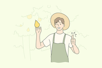 Harvesting, farming, agriculture, nature concept. Old man farmer agricultural worker character holding fruit pear showing like sign. Rural countryside lifestyle and natural food gathering illustration