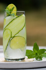 Refreshing drink - water with cucumber slices, ice cubes and fresh mint leaves.
