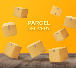 Fototapeta premium Parcels, boxes floating in the room against the background of a yellow wall and floor. Vector illustration