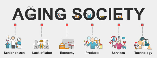 The vector banner of Aging society. Creative flat design for web banner, business presentation, online article.