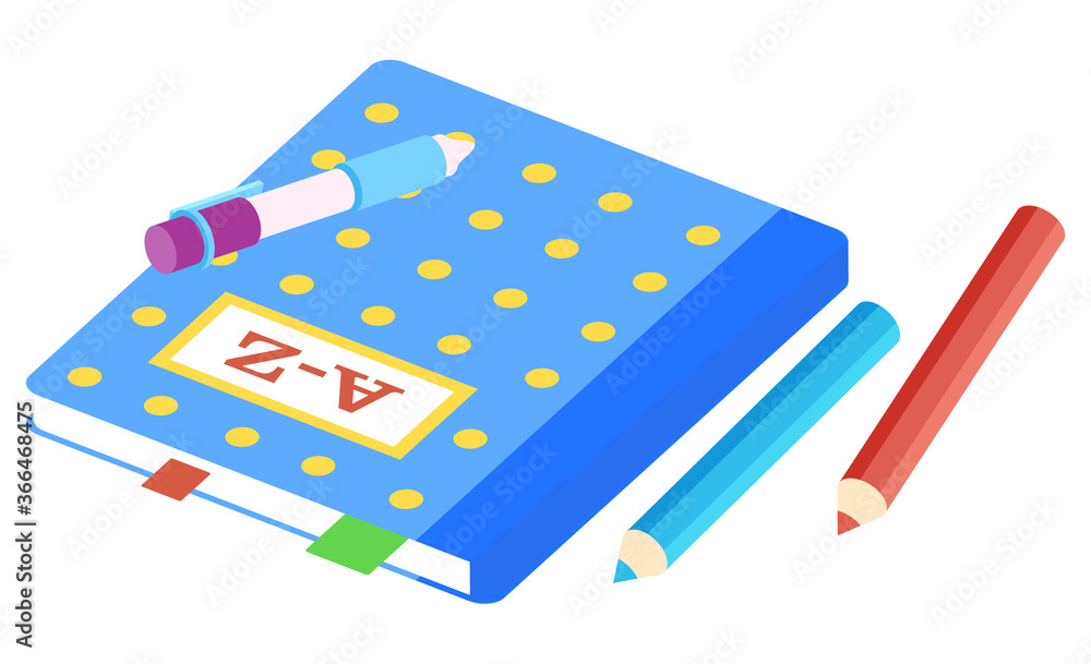 Poster set of stationery for study language. book or notebook to learn alphabet. pencils to draw, paint and