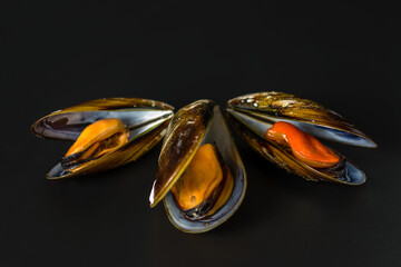 three mussels on a black background
