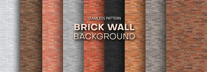 Set of brick walls of different colors. Seamless pattern. Realistic different brick textures collection. Vector illustration