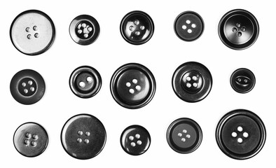 Black sewing buttons set and collection isolated on white background, top view