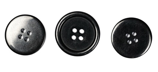 Black sewing buttons set and collection isolated on white background, top view