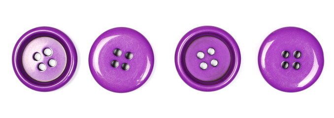 Purple sewing buttons set and collection isolated on white background, top view