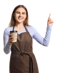 Female barista pointing at something on white background