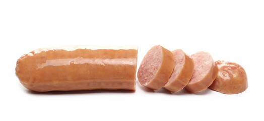 Mini sliced sausage, hot dog isolated on white background