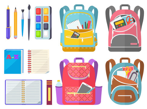 School objects, paints with tassel, colorful pencils, notebook and pen in backpack. Educational equipment, textbook and writing accessory, education. Back to school concept. Flat cartoon