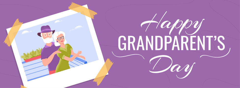 Happy grandparents day colorful horizontal banner template with a photo of smiling grandfather and grandmother at the restaurant's balcony enjoying fresh air.