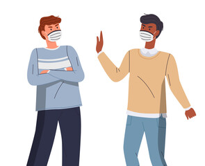 Man in protective medical face masks. Characters discussing about the spread of viral diseases. People wearing protection from virus, urban air pollution, smog, vapor, pollutant gas emission