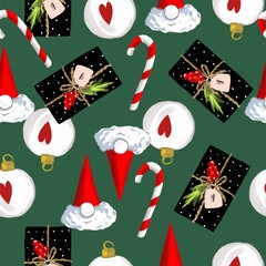 Pattern new year Christmas. Gnome, candy, balloon, gift, box, oranges, sock, cinnamon, ginger man, cookie. White, green, maroon, yellow, red, black. For fabric, gifts and textiles
