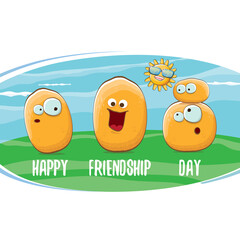 Happy friendship day banner with friends tiny kids potato characters having fun on green field. Happy Friendship day vector illustration. funky kids potato with friends