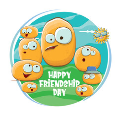 Happy friendship day banner with friends tiny kids potato characters having fun on green field. Happy Friendship day vector illustration. funky kids potato with friends