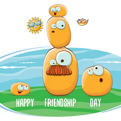 Happy friendship day banner with friends tiny kids potato characters having fun on green field. Happy Friendship day vector illustration. funky kids potato with friends