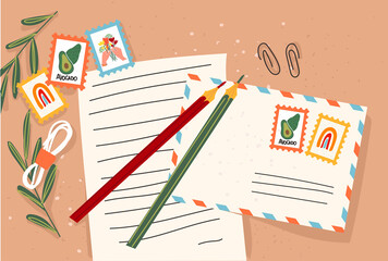Paper envelope with stamps and decorative elements on an isolated background. Stylish brands. The letters on the table with flowers and kancelaria. Holiday cards. Mail. Flat illustration. Vector.