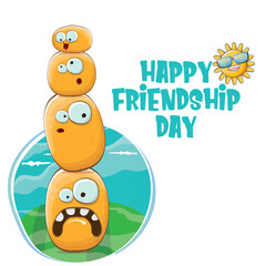 Happy friendship day banner with friends tiny kids potato characters having fun on green field. Happy Friendship day vector illustration. funky kids potato with friends