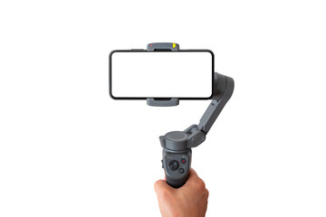 Smart phone on gimbal stabilizer isolated. Front view