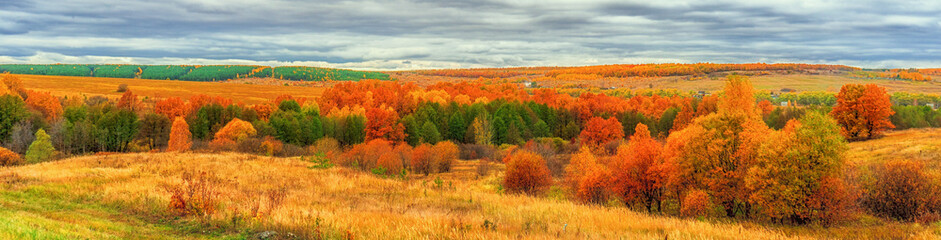 Picturesque autumn landscape in green and yellow colors. Panoramic view from hill to lowland with grove, village and field in cloudy day. Colorful autumnal nature, beautiful natural background