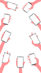 Many different hands are holding many different phones. Vertical image, flat cartoon design, isolated on white background, eps 10.