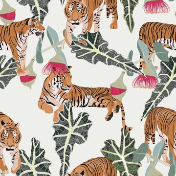 Exotic animal tiger in the jungle pattern beige background illustration seamless pattern. Trendy composition beach wallpaper.