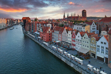 Fototapeta na wymiar Aerial view of the old town in Gdansk with amazing architecture at sunset, Poland