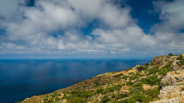 Time lapse with a panoramic view of Dingli cliffs and Mediterranean sea during cloudy day