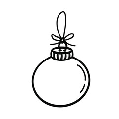 Doodle style Christmas ball on a string with a bow. Black and white vector illustration of Christmas ball isolated on white background. Christmas decoration for print, coloring book, postcard.
