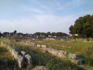 Fototapeta na wymiar Remains of the old town in Paestum in southern Italy.