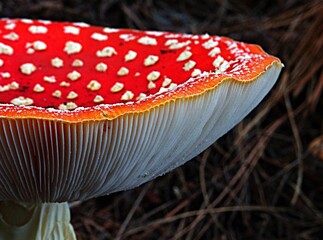 Extreme closeup of a vibrant fly agaric mushroom  against a blurry background