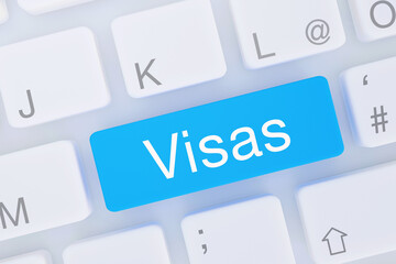 Visas. Computer keyboard from above showing key with word highlighted blue. Software, internet, program