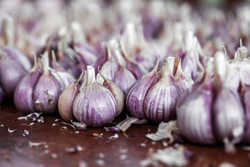 Organic garlic on wood background. Fresh herbs and spices. 