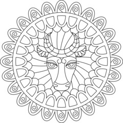 coloring book black and white, mandala, cow, bull